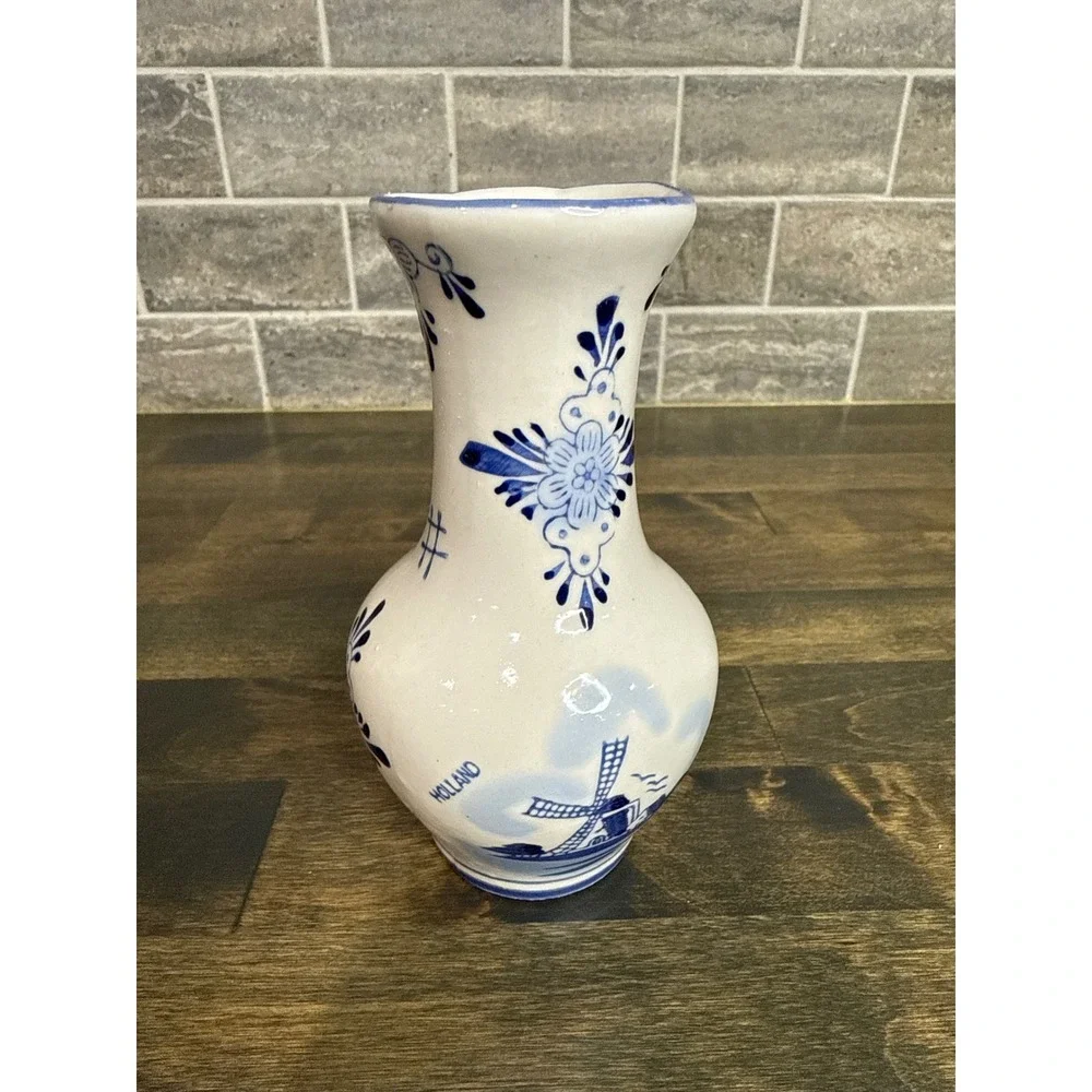 Delfts Blauw‎ Handpainted Holland Bud Vase Blue White Windmill Floral 5